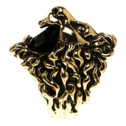 Pre Owned Gucci Black Crystal Lion Head Gold Tone Ring Size 56
