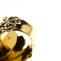 Pre Owned Gucci Black Crystal Lion Head Gold Tone Ring Size 56