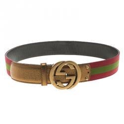 Pre Owned Gucci Burgundy Web Detail Interlocking G Buckle Belt 90 CM
