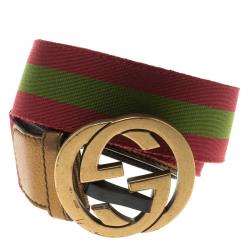 Pre Owned Gucci Burgundy Web Detail Interlocking G Buckle Belt 90 CM