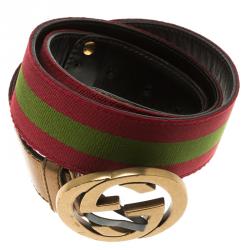 Pre Owned Gucci Burgundy Web Detail Interlocking G Buckle Belt 90 CM