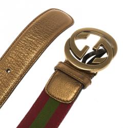 Pre Owned Gucci Burgundy Web Detail Interlocking G Buckle Belt 90 CM