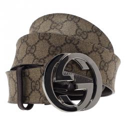 Pre Owned Gucci Beige Canvas Interlocking G Buckle Plus Belt 95CM