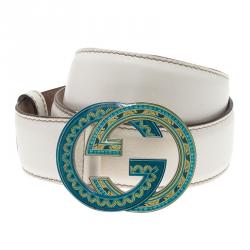 Pre Owned حزام غوتشي سيلاريوس جلد أبيض أبزيم GG متداخلة 85 سم