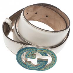 Pre Owned حزام غوتشي سيلاريوس جلد أبيض أبزيم GG متداخلة 85 سم