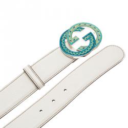 Pre Owned حزام غوتشي سيلاريوس جلد أبيض أبزيم GG متداخلة 85 سم