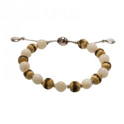 Pre Owned Gucci Bamboo Wood and Tagua Beads Silver Adjustable Bracelet Size 16