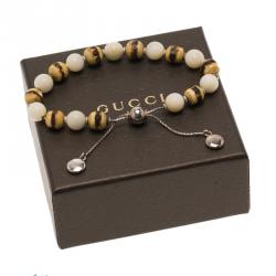Pre Owned Gucci Bamboo Wood and Tagua Beads Silver Adjustable Bracelet Size 16