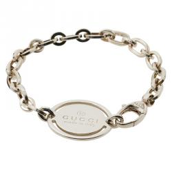 Pre Owned Gucci Trademark Round Tag Silver Bracelet 