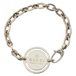 Pre Owned Gucci Trademark Round Tag Silver Bracelet 