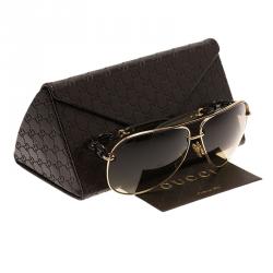 مملوكة مسبقًا نظارة شمسية أفياتورز غوتشي GG 4225/G تشاين لينك معدن ذهب وردي وبني