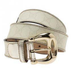 Pre Owned Gucci Cream/Light Gold GG Supreme Coated Canvas Buckle Belt 90CM