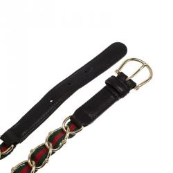 مملوكة مسبقًا Gucci Black Leather and Web Detail Chain Belt 80 CM