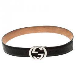 مملوكة مسبقًا حزام غوتشي جلد غوتشيسيما أسود ميتاليك G متداخلة بإبزيم 90 سم