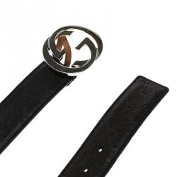 مملوكة مسبقًا حزام غوتشي جلد غوتشيسيما أسود ميتاليك G متداخلة بإبزيم 90 سم
