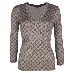 Pre Owned Gucci Brown GG Logo Long Sleeve V Neck Sweater S