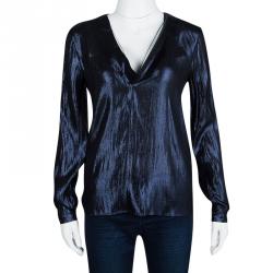 Gucci Metallic Blue Slit Back Detail Long Sleeve Blouse S