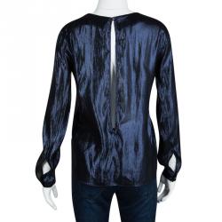 Gucci Metallic Blue Slit Back Detail Long Sleeve Blouse S