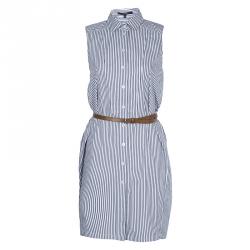 Pre Owned فستان غوتشي مخطط بحزام وأزرار أمامية بلا أكمام S