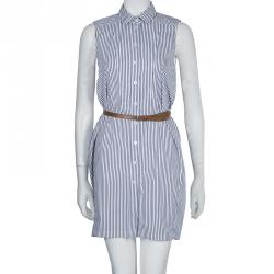 Pre Owned فستان غوتشي مخطط بحزام وأزرار أمامية بلا أكمام S