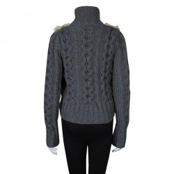 Pre Owned Gucci Grey Camel Wool Fox Fur Trim Zip Front Sweater S