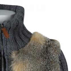 Pre Owned Gucci Grey Camel Wool Fox Fur Trim Zip Front Sweater S