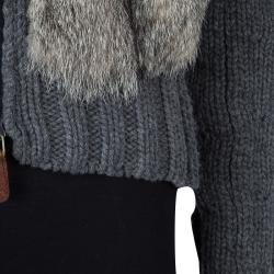 Pre Owned Gucci Grey Camel Wool Fox Fur Trim Zip Front Sweater S