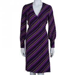 Gucci Purple Striped Silk Long Sleeve Wrap Dress S