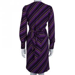 Gucci Purple Striped Silk Long Sleeve Wrap Dress S