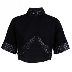Gucci Black Wool Circular Leather Trim Detail Bolero Jacket S