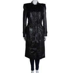 Pre Owned Gucci Black Leather Long Belted Overcoat M