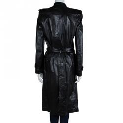 Pre Owned Gucci Black Leather Long Belted Overcoat M