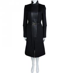 Pre Owned Gucci Black Quilted Wool Leather Trim Belted Overcoat M