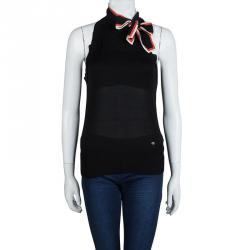 Gucci Black Silk Knit Sleeveless Neck Tie Detail Top XS