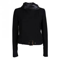 Pre Owned Gucci Black Leather Collar Detail Wool Jacket M