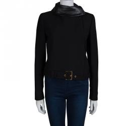 Pre Owned Gucci Black Leather Collar Detail Wool Jacket M