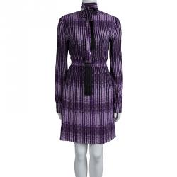 Gucci Purple Printed Silk Tassel Neck Tie Detail Belted Dress M