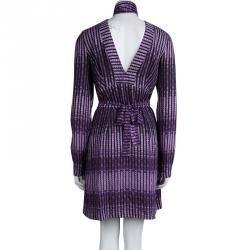Gucci Purple Printed Silk Tassel Neck Tie Detail Belted Dress M