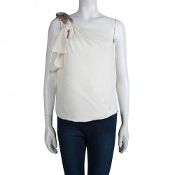 Gucci Cream Silk Chain Detail One Shoulder Top M