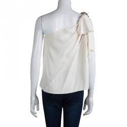 Gucci Cream Silk Chain Detail One Shoulder Top M