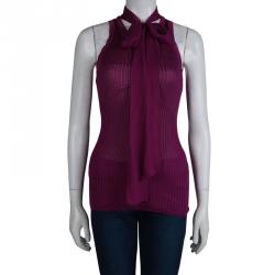 Gucci Purple Rib Knit Neck Tie Detail Sleeveless Top L