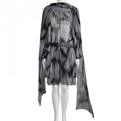 Pre Owned Gucci Monochrome Plisse Silk Tie Detail Long Sleeve Dress S