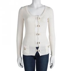 Pre Owned Gucci Cream Wool Buckle Detail Long Sleeve Cardigan M