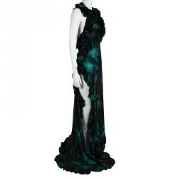 Gucci Green Printed Silk Ruffle Detail Backless Maxi Dress XS