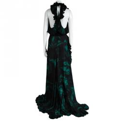 Gucci Green Printed Silk Ruffle Detail Backless Maxi Dress XS