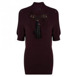Pre Owned Gucci Burgundy Knit Tassel Detail Short Sleeve Sweater XL