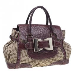 Pre Owned Gucci Brown Monogram Canvas Ostrich Leather Large Queen Top Handle Bag