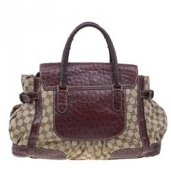 Pre Owned Gucci Brown Monogram Canvas Ostrich Leather Large Queen Top Handle Bag