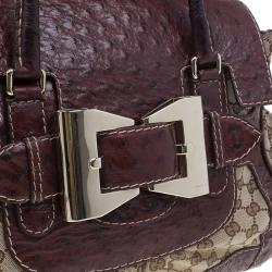 Pre Owned Gucci Brown Monogram Canvas Ostrich Leather Large Queen Top Handle Bag