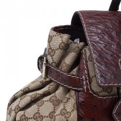 Pre Owned Gucci Brown Monogram Canvas Ostrich Leather Large Queen Top Handle Bag